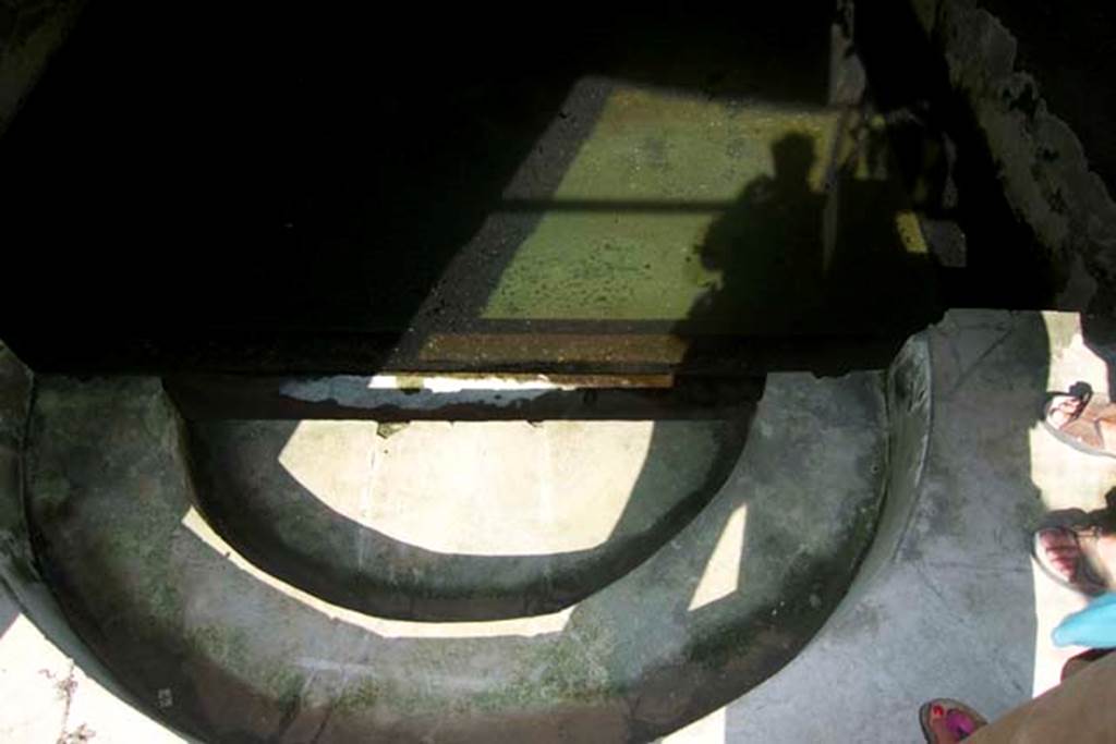 South-western baths, Herculaneum. July 2010. Photo courtesy of Michael Binns.
South end of pool, steps descending into water at the semi-circular end of the pool.
